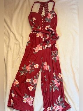 Burgundy Floral Wide-Leg Jumpsuit with Lace Back